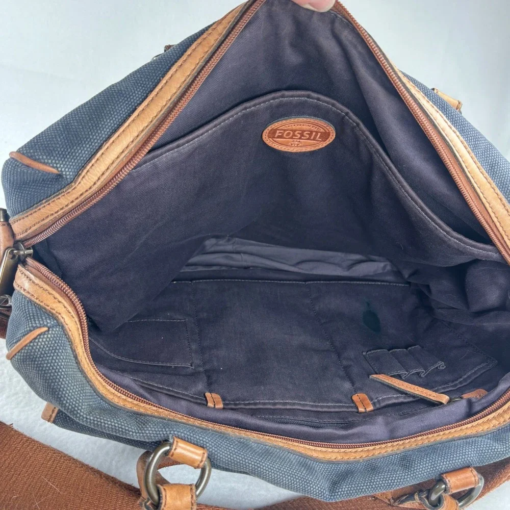 Y2K VTG Fossil Messenger Bag Navy Blue‎ Canvas Leather Laptop Satchel Academia
